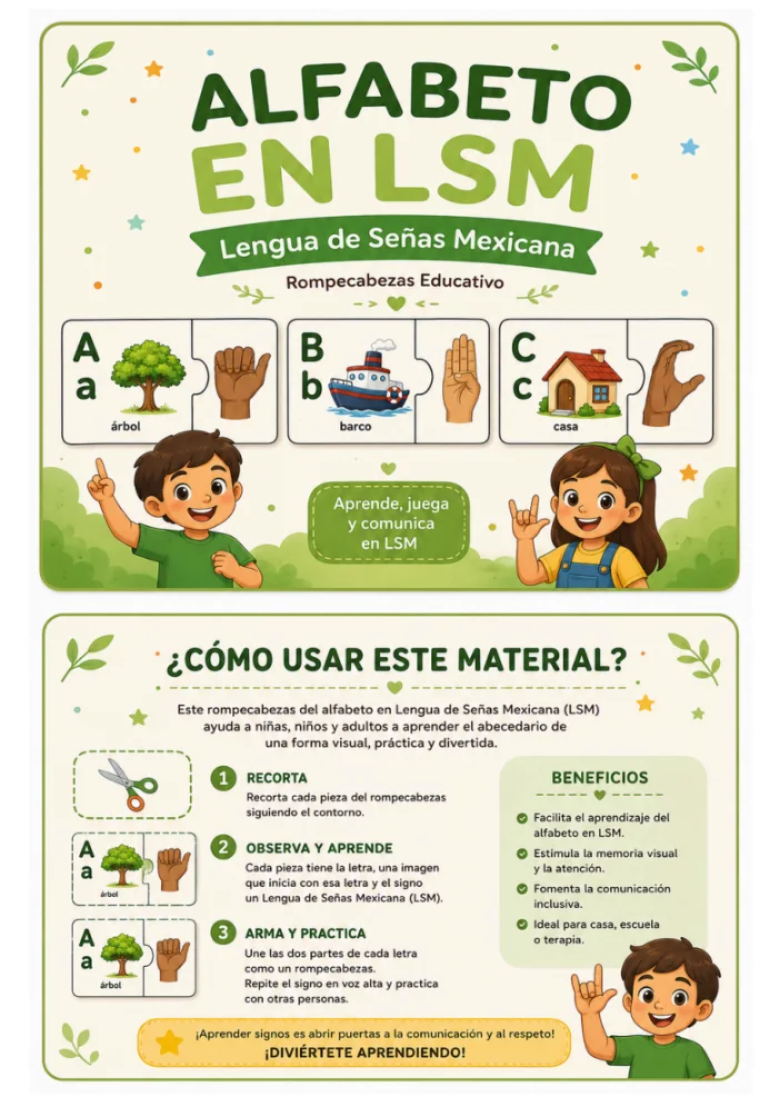 Alfabeto en LSM — portada e instrucciones del rompecabezas